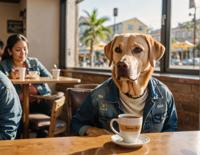 Photograph of a midweight Panamanian Labrador Retriever drinking coffee in a cafe, wearing denim jacket and watching the camera from behind, at golden hour, with screen print and intention lens
