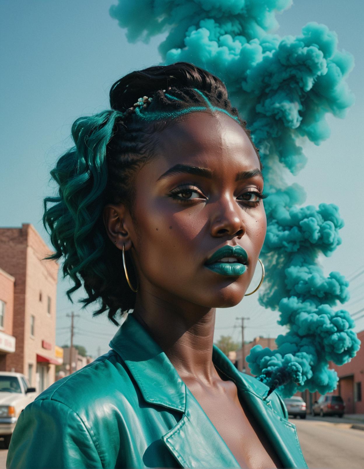A stylish Teal Smoke inspired portrait photo of a young woman with an eclectic mix of Halsey, Kelly Rohbax, and Lupita Nyong o as her face The background is a clear sky with American Scene painting elements in the style of Cinestill , and the image has a fast shutter speed to create a dynamic and colorful composition