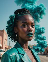 A stylish Teal Smoke inspired portrait photo of a young woman with an eclectic mix of Halsey, Kelly Rohbax, and Lupita Nyong o as her face The background is a clear sky with American Scene painting elements in the style of Cinestill , and the image has a fast shutter speed to create a dynamic and colorful composition