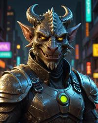 Digital painting of a male dragonborn wearing cyberpunk attire, with black neon highlights and a happy expression, inspired by the style of Paul Rader and Katerina Belkina