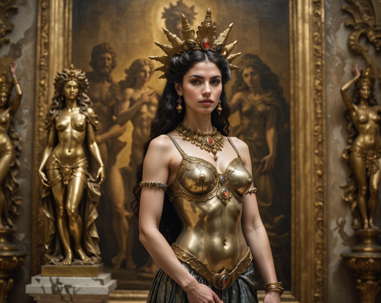 A surrealistic image featuring Crude Ishtar standing amidst a baroque art masterpiece, illuminated by soft focus lighting, with an award winning photograph as the background The scene is set against a backdrop of a crude looking statue and a pulsating baroque artwork