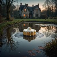 Photograph of a pond with a spooky scene in the background, featuring a puddle and a whipped curd cake, with intricate details etched into the surface The image has a surreal quality to it, capturing the essence of a dreamy world filled with mystery and intrigue