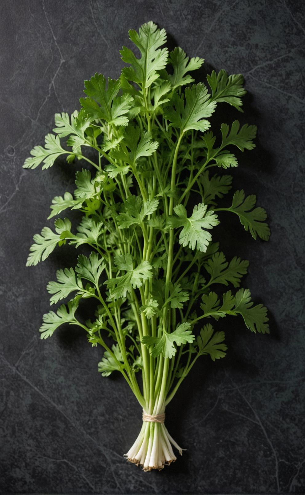 A whimsical image of a cilantro, with intricate details and dark green background, set against a folded waxed cotton backdrop