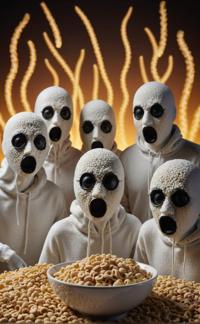 A photorealistic photograph of a group of worried cereal figures, with foam covering their faces and black lighting, set against a surreal backdrop of an electric field The image captures the intricate details of the cereal s facial expressions and the eerie energy emanating from its surface