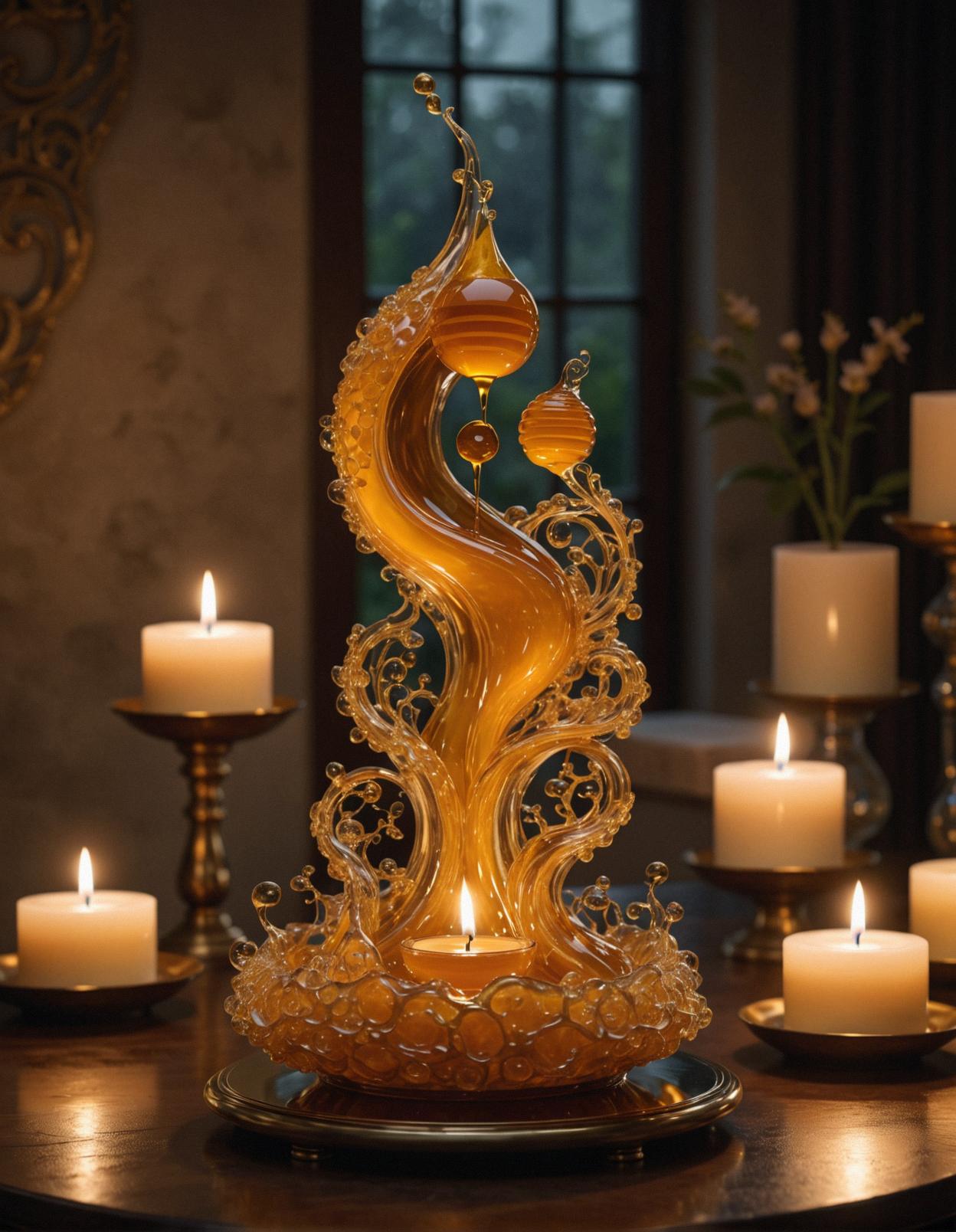 A serene scene of a fluid enigmatic honey sculpture with intricate details, set against the backdrop of candlelit tranquility, evoking an aura of calm and serenity