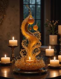 A serene scene of a fluid enigmatic honey sculpture with intricate details, set against the backdrop of candlelit tranquility, evoking an aura of calm and serenity