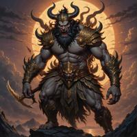 A detailed illustration of a mythological figure with an angry and menacing expression, illuminated against the backdrop of dusk
