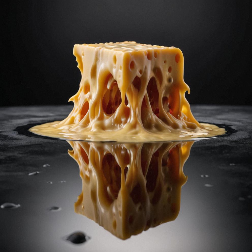 A photo of a melting cheese with thought provoking reflections on an uninspired moment It s inspired by the WETA workshop and has a slow shutter speed of second to capture the essence of the moment The image is a masterpiece made out of photo paper