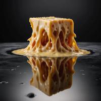 A photo of a melting cheese with thought provoking reflections on an uninspired moment It s inspired by the WETA workshop and has a slow shutter speed of second to capture the essence of the moment The image is a masterpiece made out of photo paper