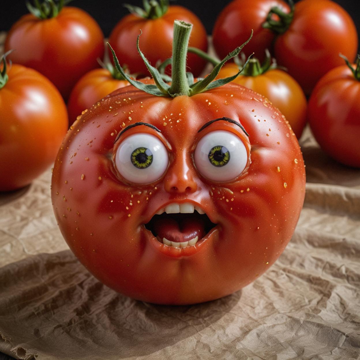 Photograph of a tomato with an exaggerated aesthetic, inspired by the concept art of Tomato from the anime series Hypnotic The photo captures the essence of the character s personality and background through its artistic style