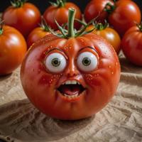 Photograph of a tomato with an exaggerated aesthetic, inspired by the concept art of Tomato from the anime series Hypnotic The photo captures the essence of the character s personality and background through its artistic style