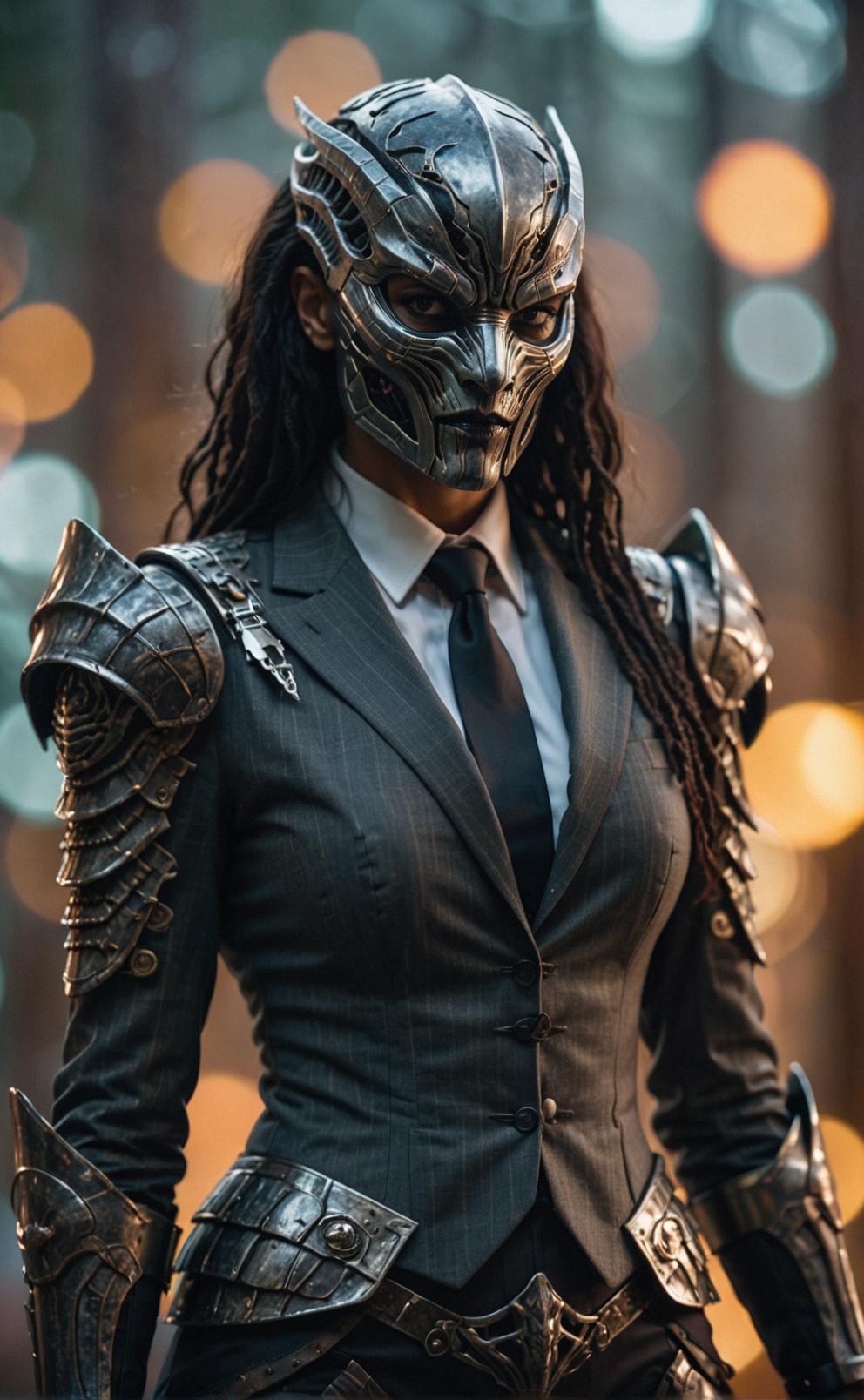 A female predator knight errant, dressed in a suit and tie, stands in the foreground with bokeh, adding an eerie touch to the scene The photograph captures the intricate details of the background