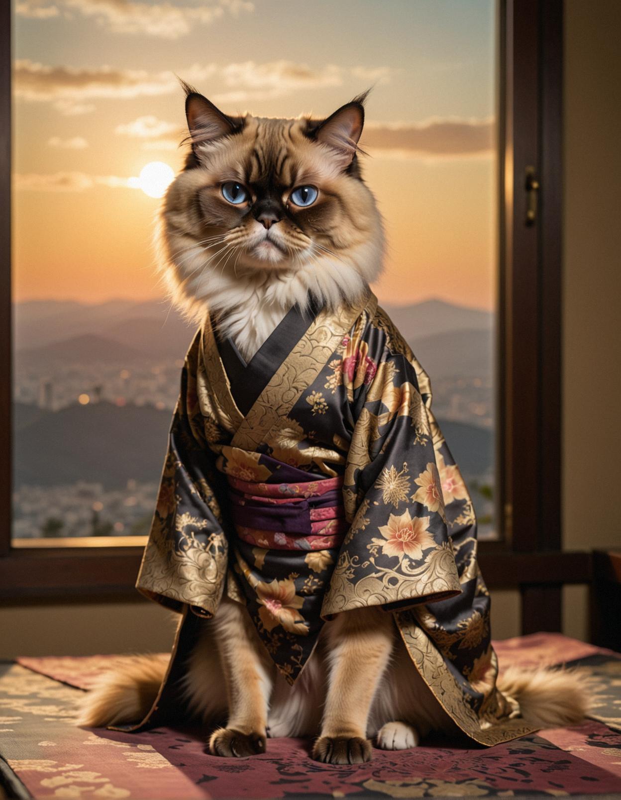 A photograph of a gruesome Himalayan cat , wearing a stylish kimono, with shading its eyes, in the style of surrealism and goth art