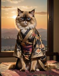 A photograph of a gruesome Himalayan cat , wearing a stylish kimono, with shading its eyes, in the style of surrealism and goth art