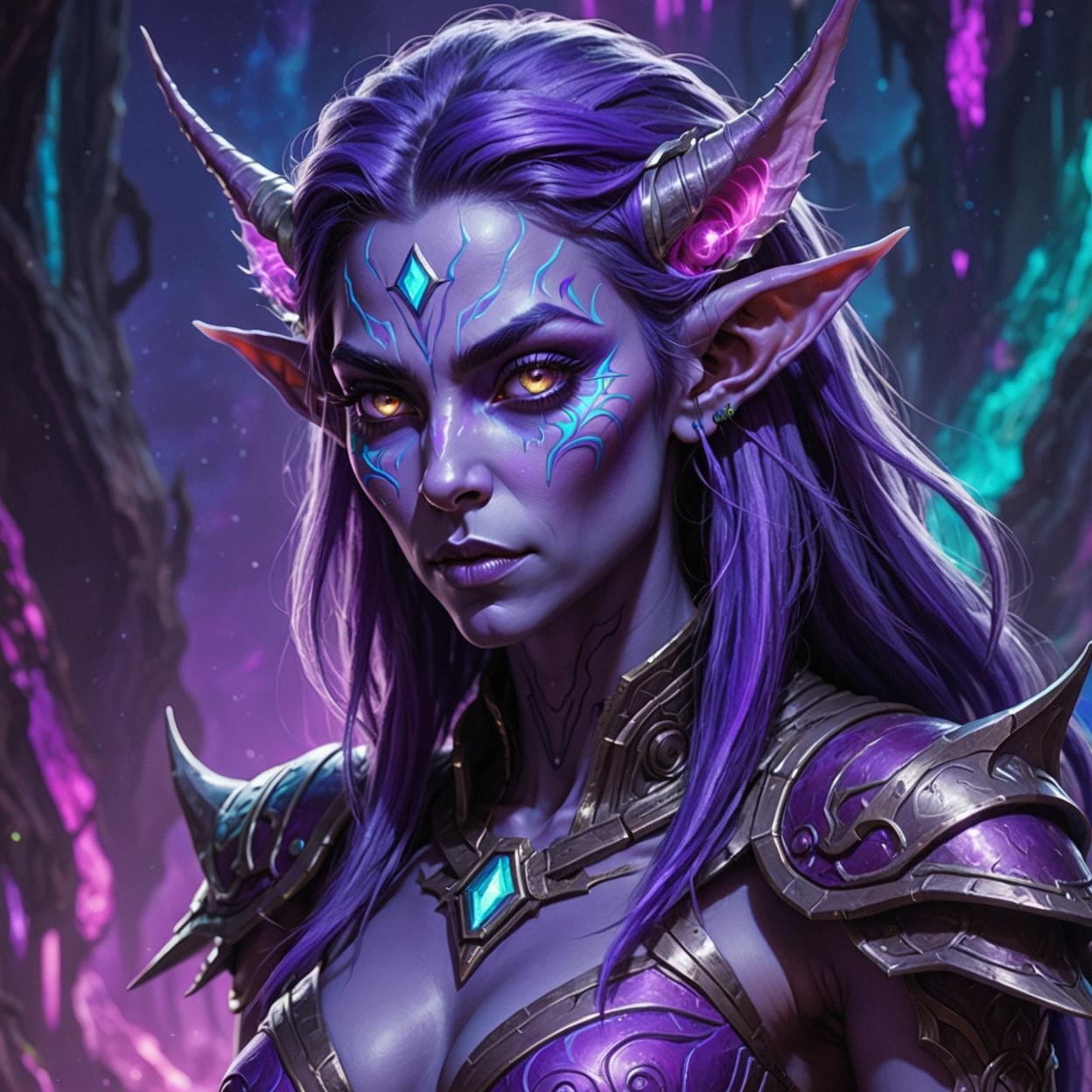 An intricate image of a night elf with purple and neon hues, captured in a sci fi style with an abstract remnant background, giving it a unique touch It s a great addition to any art collection or digital artwork