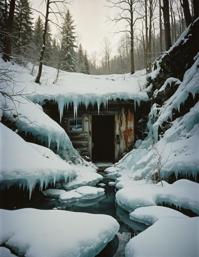Photograph, landscape, of a overgrown quantum laboratory station and ice cave, winter