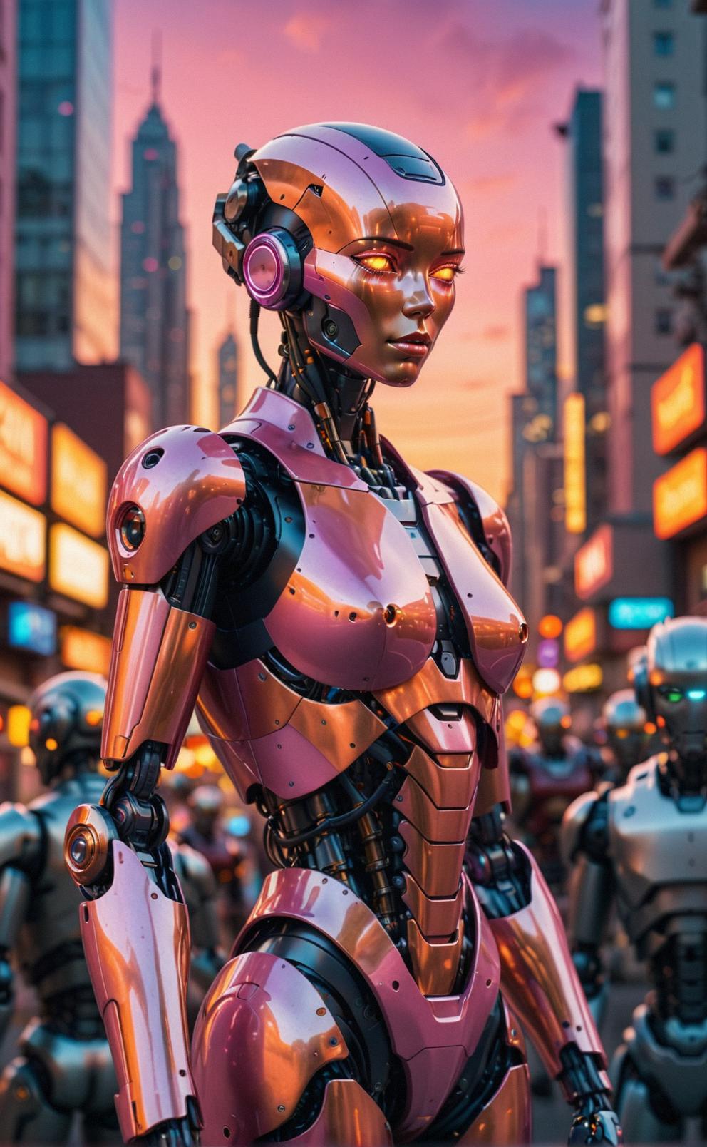 A beautiful image of a android with the body of a robot in a futuristic cityscape, surrounded by a sea of robots The sky is painted in hues of orange and pink as the sun sets behind the buildings The background is made up of various bokeh effects, creating an incredibly hyper aesthetic