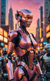 A beautiful image of a android with the body of a robot in a futuristic cityscape, surrounded by a sea of robots The sky is painted in hues of orange and pink as the sun sets behind the buildings The background is made up of various bokeh effects, creating an incredibly hyper aesthetic
