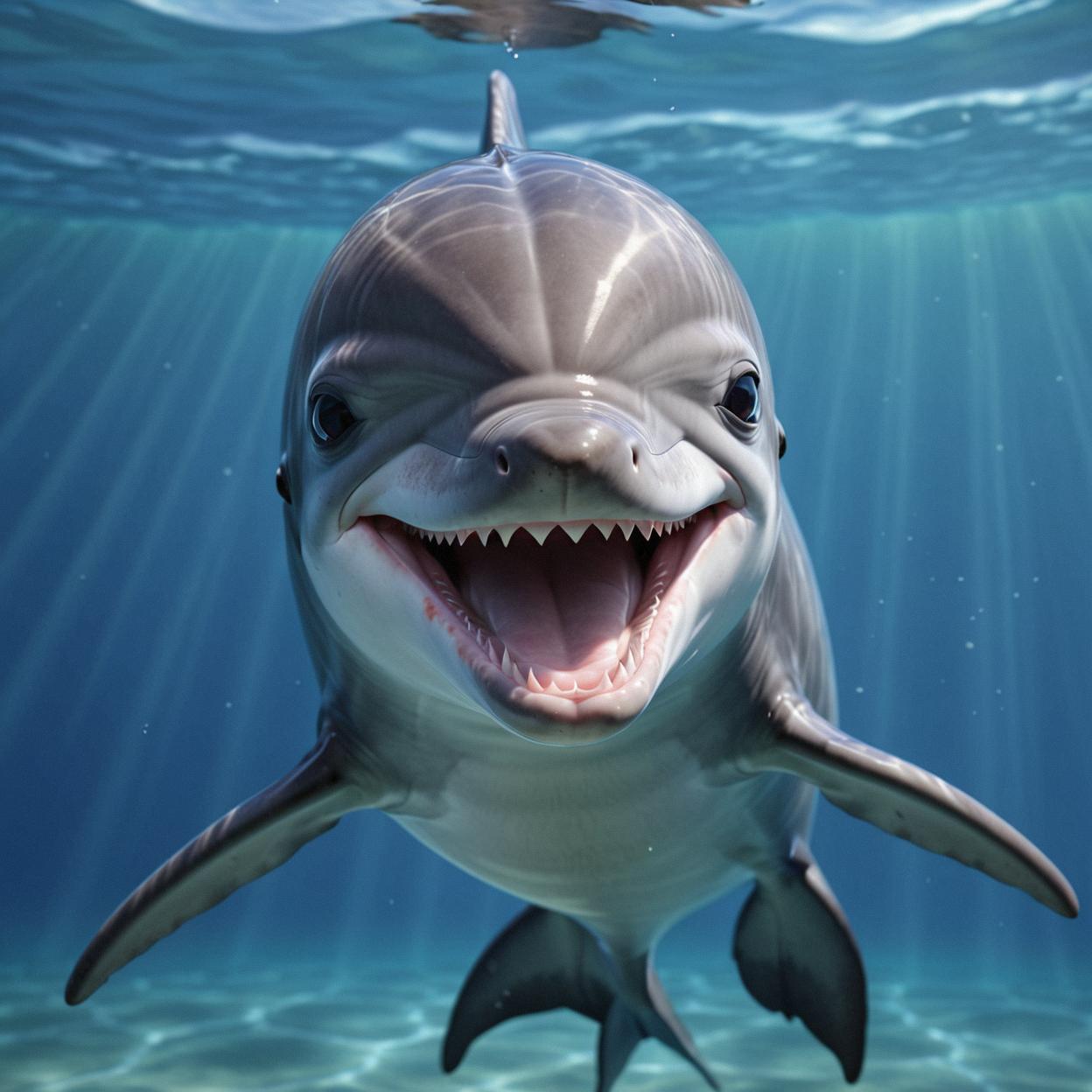 A photorealistic image of a cute short haired dolphin with a wide smile, inspired by the art style of Akihiko Yoshida and featuring a photographic still from an award winning photograph