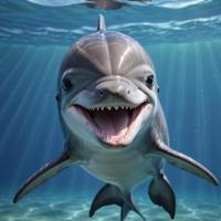 A photorealistic image of a cute short haired dolphin with a wide smile, inspired by the art style of Akihiko Yoshida and featuring a photographic still from an award winning photograph