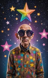 A psychedelic theme with a photorealistic rendering of an anthropomorphic figure with stars above their head, in focus, confused The image is inspired by the concept art style of Polaroid, and has been enhanced for a higher quality and speed compared to a typical photograph