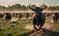 Epic cinematic composition with a bull rush in the background, high energy and gothic art style, canon EOS D Mark camera, F