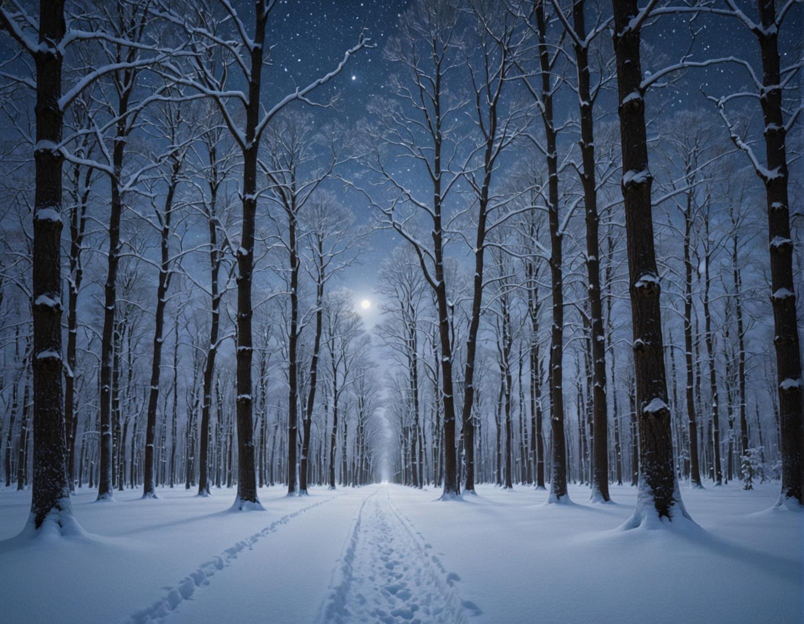 A serene scene of a forest at night with snow covered trees, capturing the peaceful ambiance in a surrealistic way
