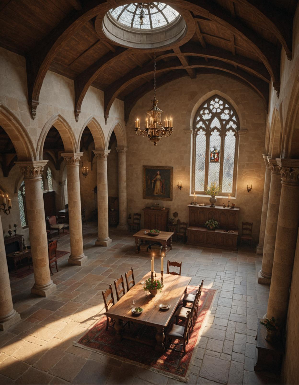 A photorealistic cinematic image showcasing a medieval elegance with an overhead angle in a grand hall, capturing the essence of a sensual and enchanting scene