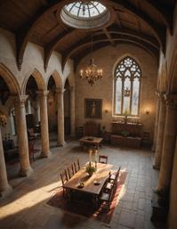 A photorealistic cinematic image showcasing a medieval elegance with an overhead angle in a grand hall, capturing the essence of a sensual and enchanting scene
