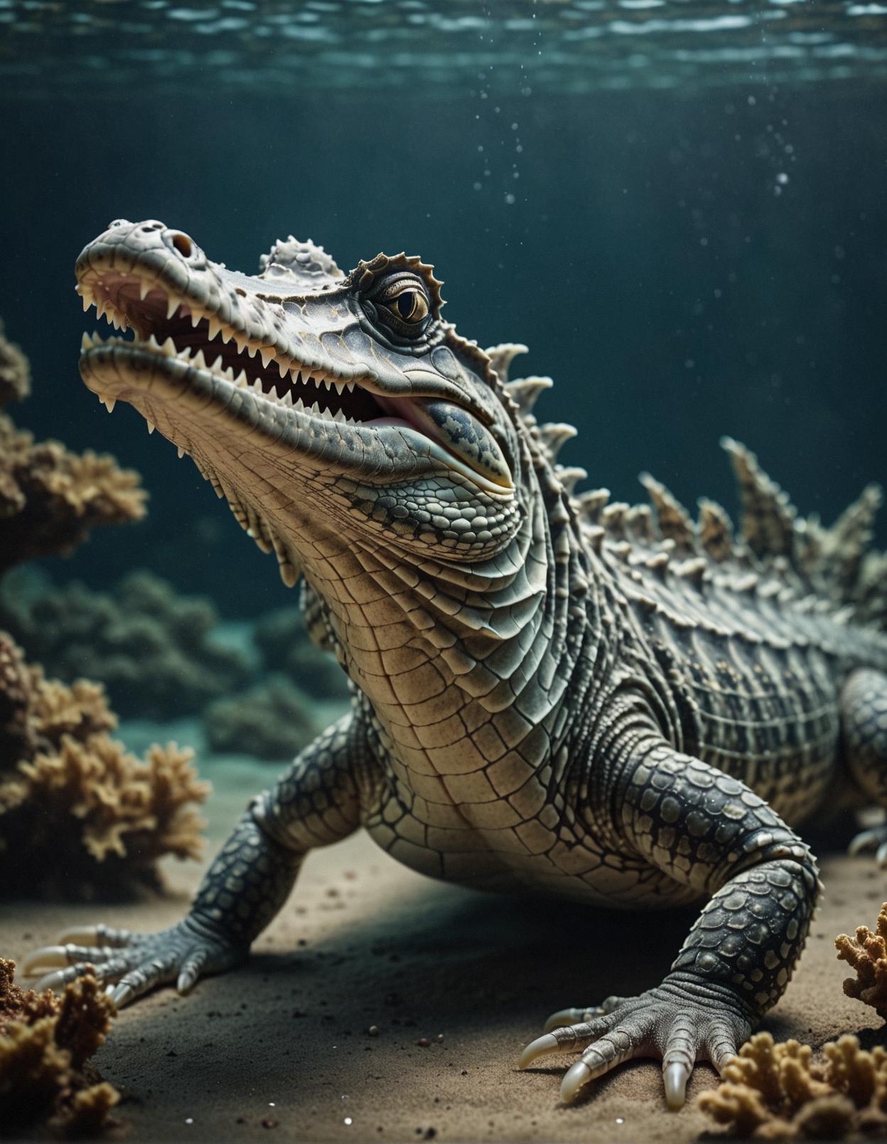 Cinematic photograph of a regal and mystical Crocodilefish in a dreamlike setting with smoky conditions, captured in simple illustration style with sharp focus on intricate details