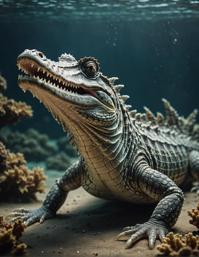 Cinematic photograph of a regal and mystical Crocodilefish in a dreamlike setting with smoky conditions, captured in simple illustration style with sharp focus on intricate details