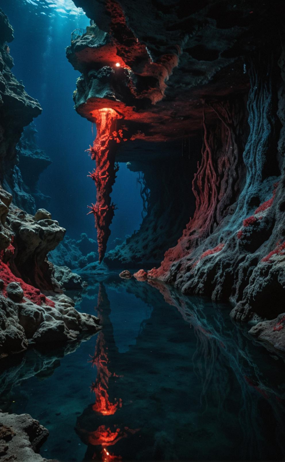 Photograph, a unique and charred scene with a photorealistic image of the Chaparral and Underwater cave, illuminated by a strange and surreal underwater world The contrast between the dark blue water and the bright red text is striking The background is made up of Sewage treatment plants, adding to the eerie and mysterious atmosphere