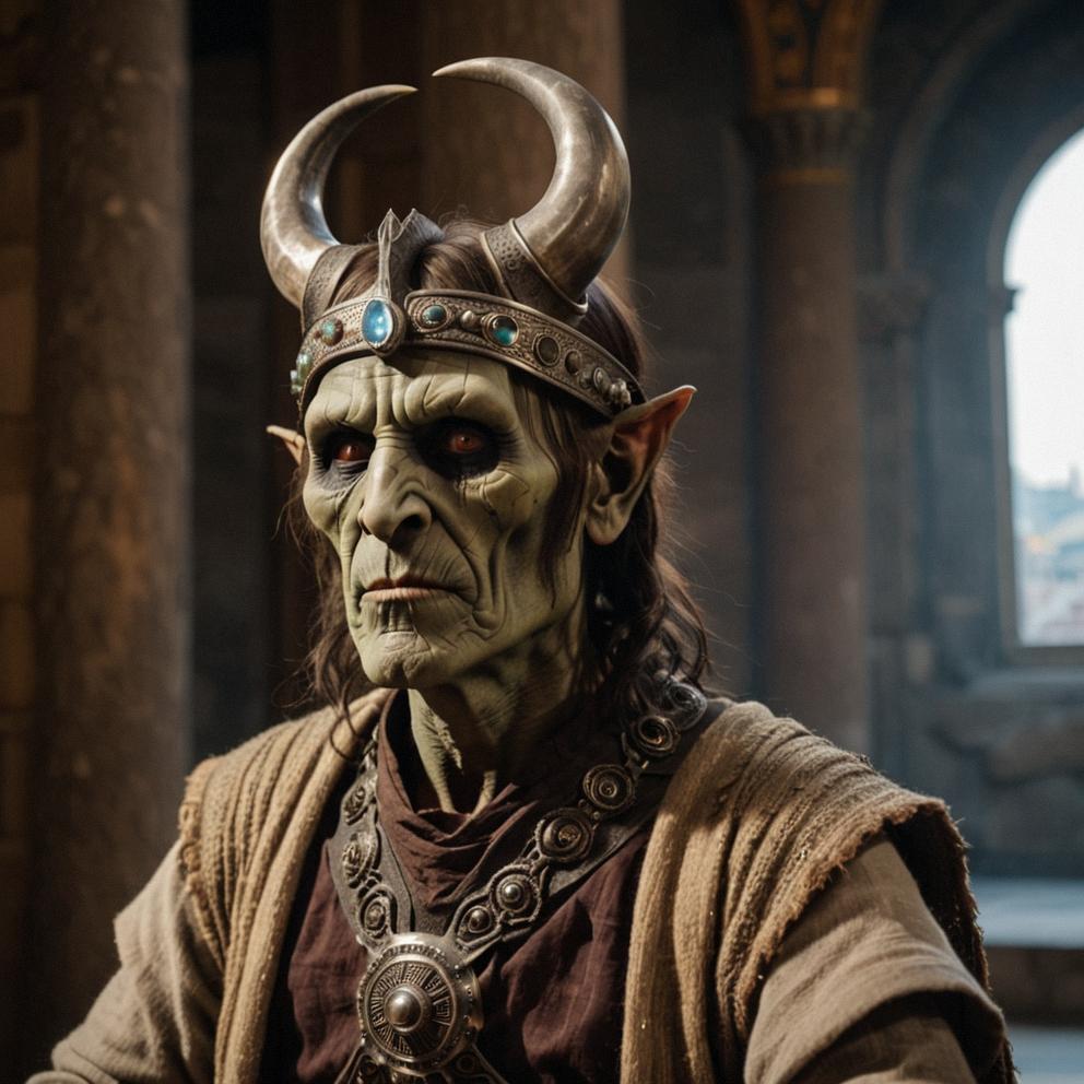 Photograph of Fatigued rotund Male Draugr Attending concerts, wearing costume, he has Dark hair styled as Top knot, inside a Hagia Sophia