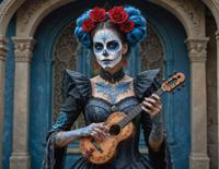 A photorealistic image captures a moment in time with intricate details and vibrant colors The female character wears Gigantic Gray Gothic clothing and stands on an electric Indigo Day of the Dead face painting She is holding an ornate instrument that seems to be emulating the sound of the FacePaint, causing her to blush and feel embarrassed
