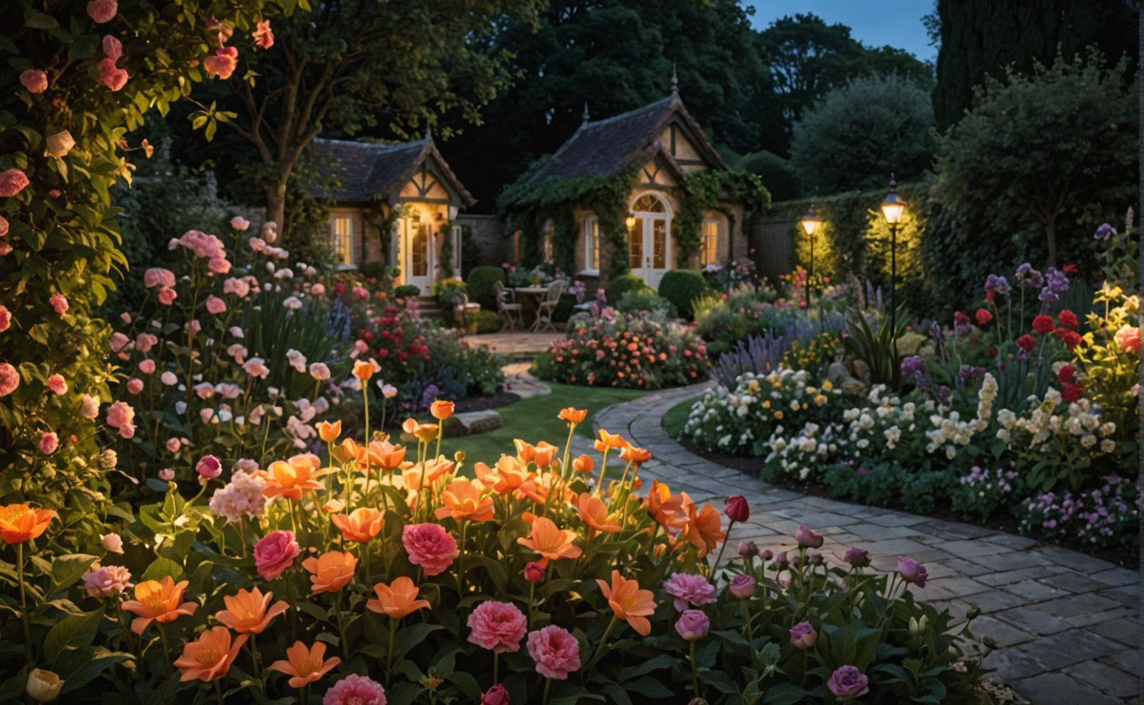 A stunning image of a garden filled with vibrant flowers, illuminated by soft natural light, captured on the nightime The result is an extremely high quality work of art, showcasing the unique style of Analog magazine covers and the intricate details that come with it