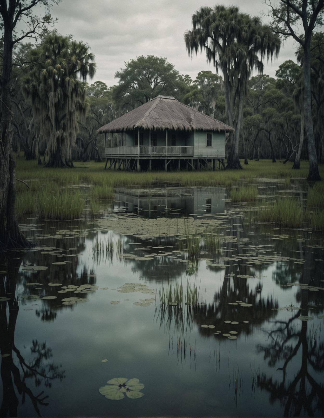 Photograph, a ghostly scene of a swamp with ominous shadows, the image features a bungalow in the foreground, with a slow shutter speed and cinematic mm lens to create an ethereal aesthetic