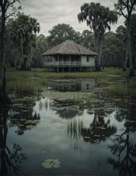 Photograph, a ghostly scene of a swamp with ominous shadows, the image features a bungalow in the foreground, with a slow shutter speed and cinematic mm lens to create an ethereal aesthetic
