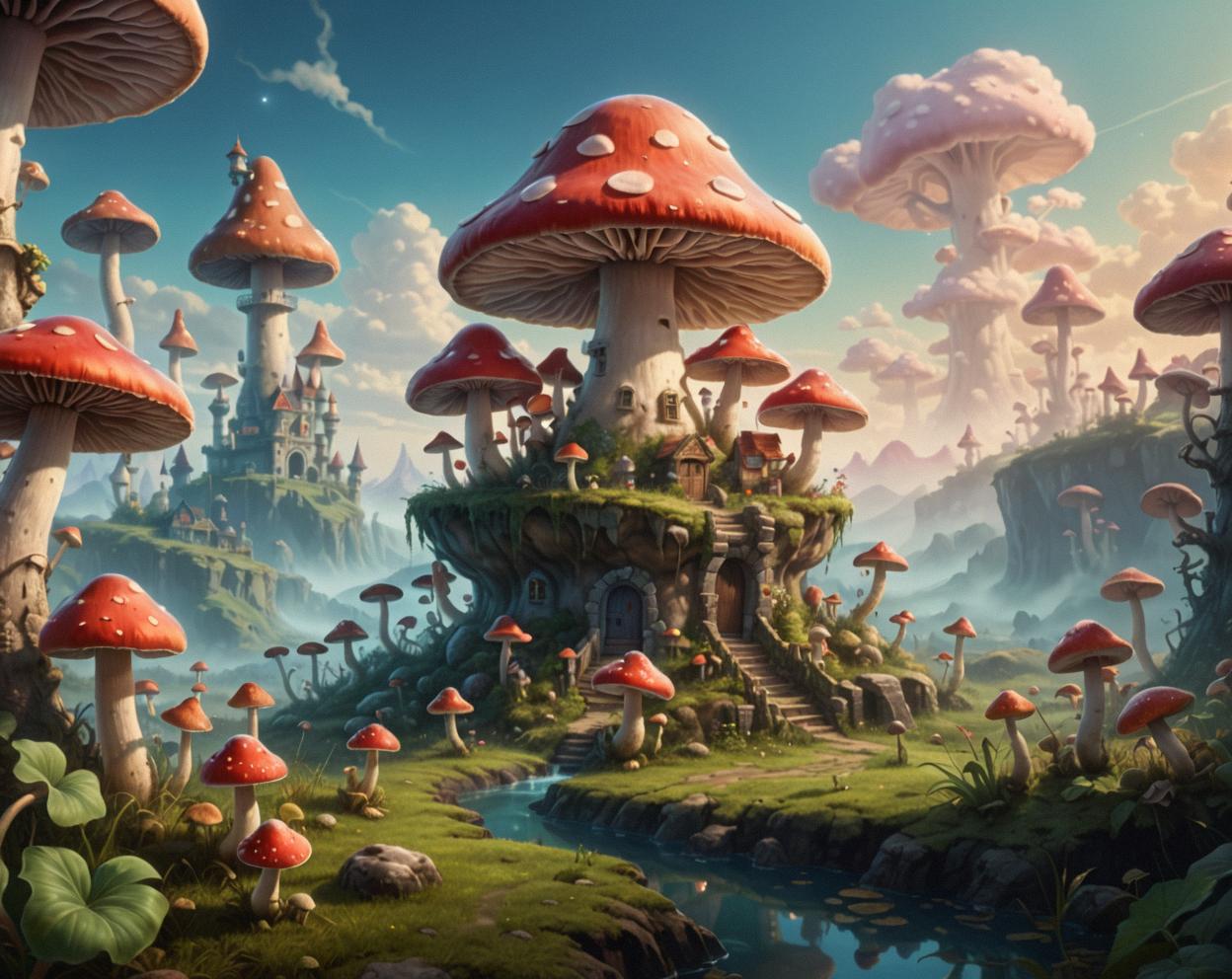 A vibrant and surreal illustration of a mushroom kingdom with luminous features, inspired by the concept art of Mushroom Kingdom , featuring a render of a hazy haze landscape with flat lighting, created with Fujifilm XT camera lens at f The drawing captures the essence of the scene perfectly