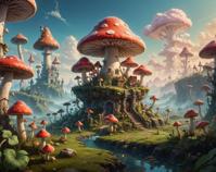 A vibrant and surreal illustration of a mushroom kingdom with luminous features, inspired by the concept art of Mushroom Kingdom , featuring a render of a hazy haze landscape with flat lighting, created with Fujifilm XT camera lens at f The drawing captures the essence of the scene perfectly