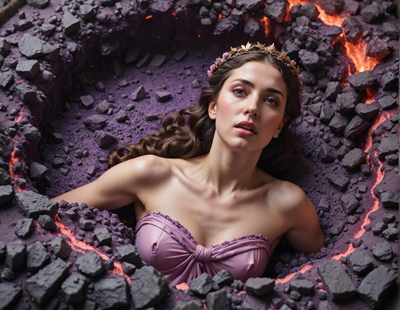 High Resolution Fine art artwork featuring a Formal pink, purple and lavender The martyrdom of Saint Agatha with an artistic lava pit in the background, captured using selective focus and high resolution photography, creating an ultra detailed image that is both artistic and captivating