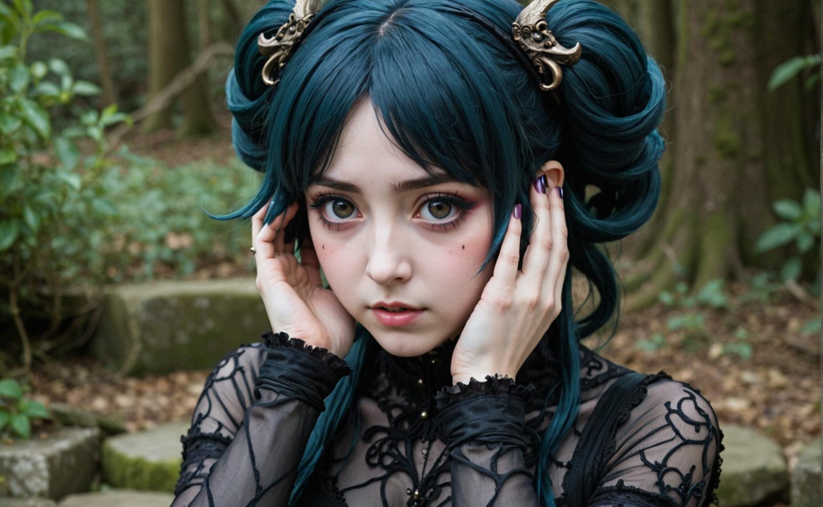 An image of a photograph of an anime amphitrite who is surprised and communicates with others in public, hands resting on head, mysterious but fascinating, Surprising