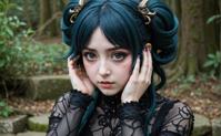 An image of a photograph of an anime amphitrite who is surprised and communicates with others in public, hands resting on head, mysterious but fascinating, Surprising