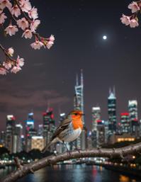A stunning image of a Red capped Robin in the midst of a bustling night time cityscape with cherry blossom pink cityscape and minimalistic composition, showcasing geometric shapes and a deep focus on depth