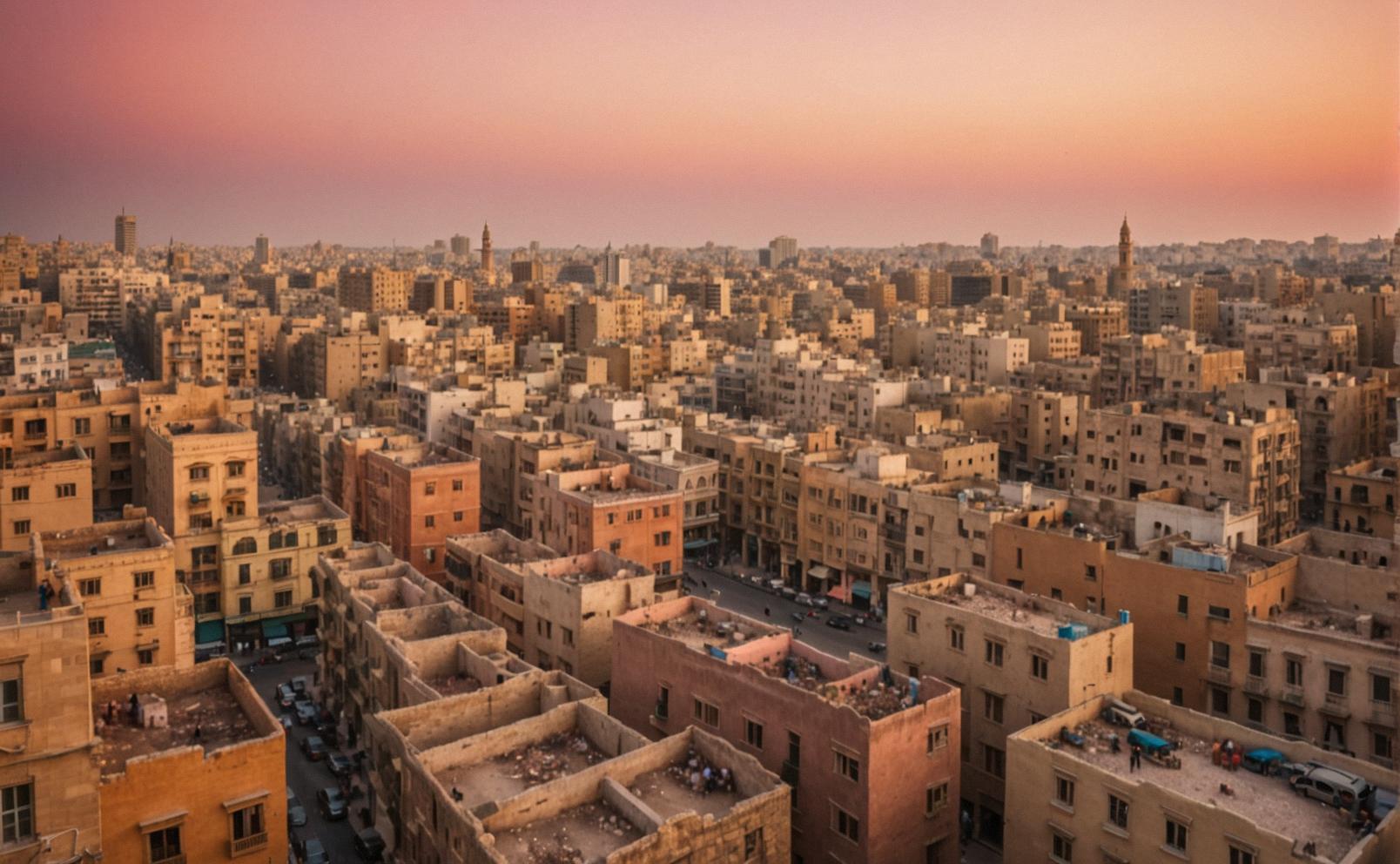 A surrealistic image depicts the bustling cityscape of Alexandria, Egypt, with a lone crowed scene in the background The sky is ablaze with orange and pink hues, casting a warm glow on the buildings and the surrounding buildings The camera focuses on the crowded scene