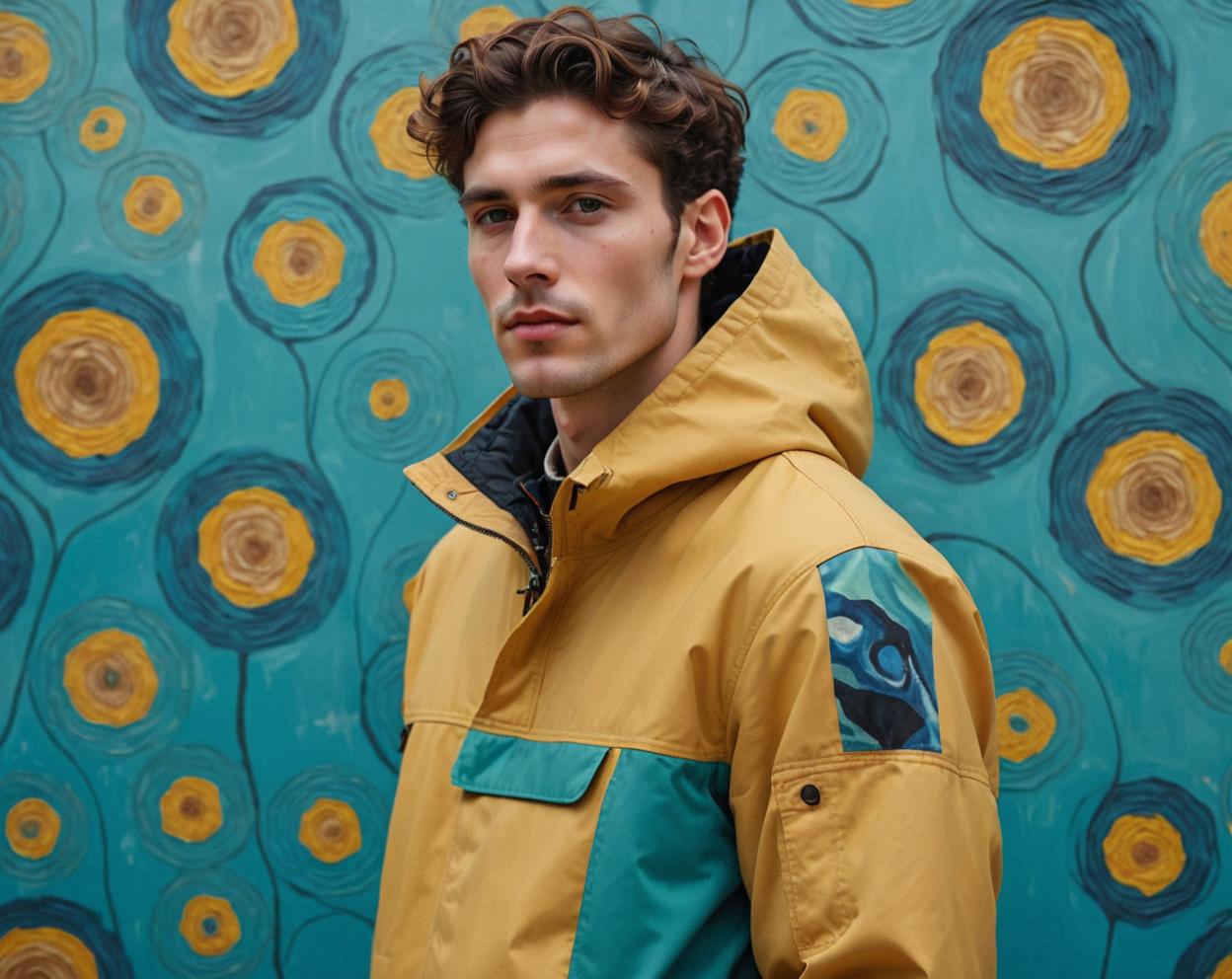Photograph of a sleek and modern Guy as an Anorak wearing a retro inspired design with a subtle aesthetic inspired by the work of artists like Klimt and Van Gogh The image captures the essence of his character from the iconic s film The Man With No Name