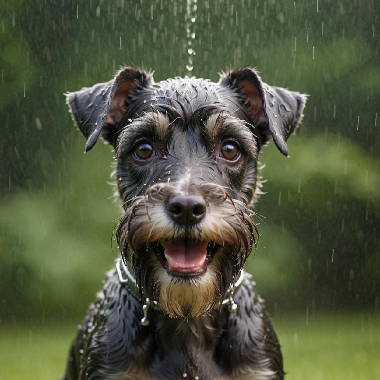 A close up shot of a miniature schnauzer with a kind heart and a radiant smile in the shower, captured against a backdrop of rain The image is inspired by the art style of Alfred Cheney Johnston and the style of George Robarts, showcasing a highly detailed and elegant portrait photography