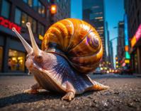 In a vibrant and colorful environment filled with skyscrapers and neon lights, an insane horned snail scurries through the streets of a bustling city The sun casts a warm glow on the scene, making it appear as if the snails are alive and breathing The image features dynamic lighting and atmospheric perspective, capturing the essence of a happy horned snail in its natural habitat