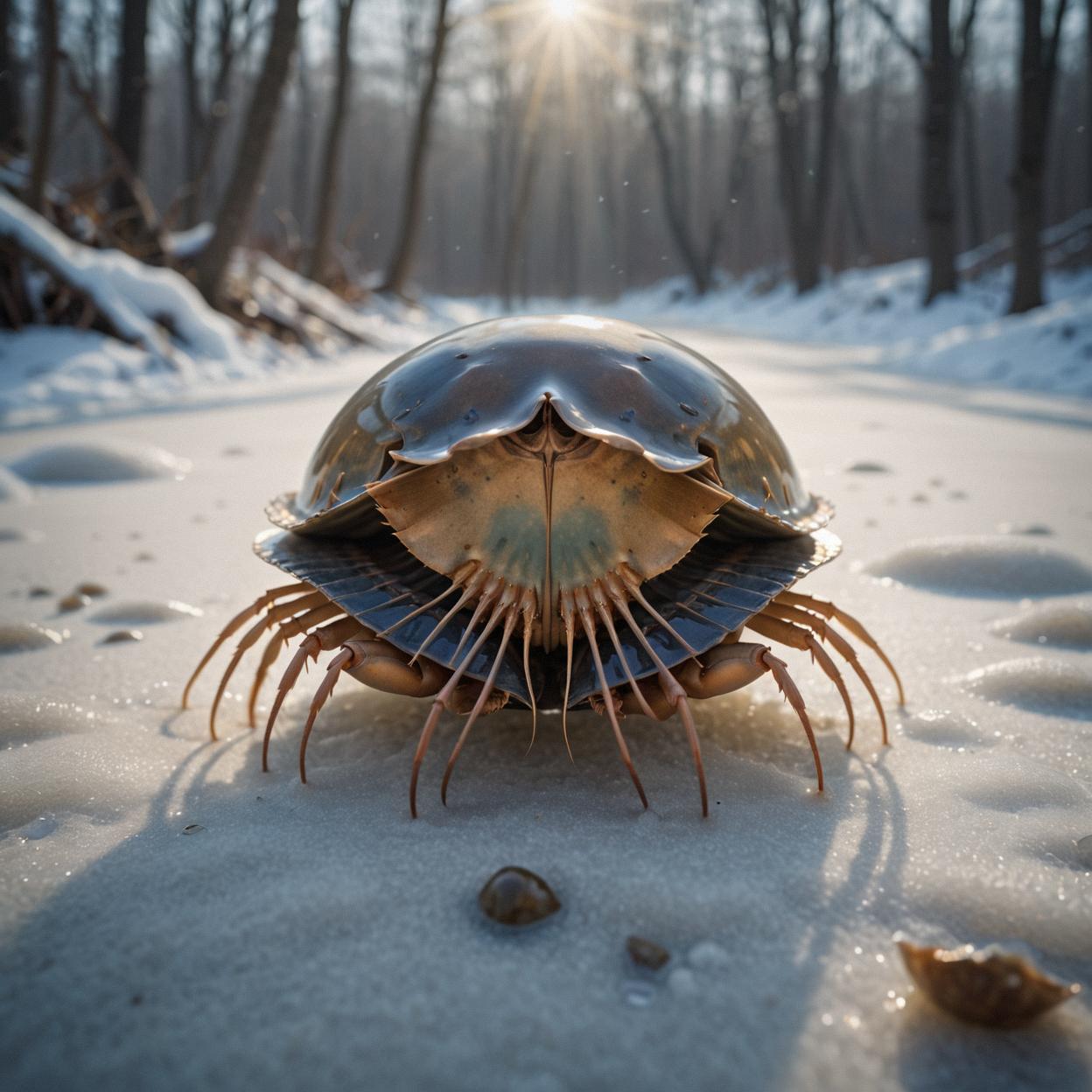 Photograph of a horseshoe crab in winter with volumetric lighting and a double exposure style, inspired by the artwork Leszek Bujnowski from the artstation tag