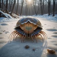 Photograph of a horseshoe crab in winter with volumetric lighting and a double exposure style, inspired by the artwork Leszek Bujnowski from the artstation tag