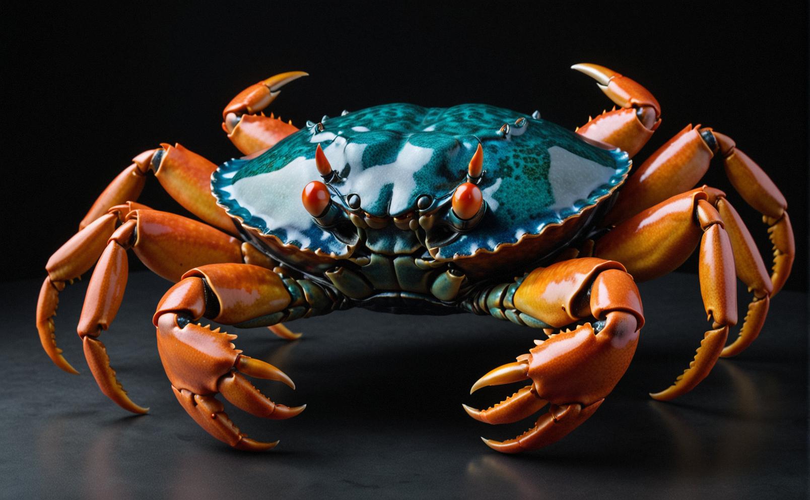 A photo of a large, glowing Crab sculpture, captured in ultra realistic detail, with a pov shot that emphasizes the contrast between the bright colors and the dark background The overall style is reminiscent of surrealism